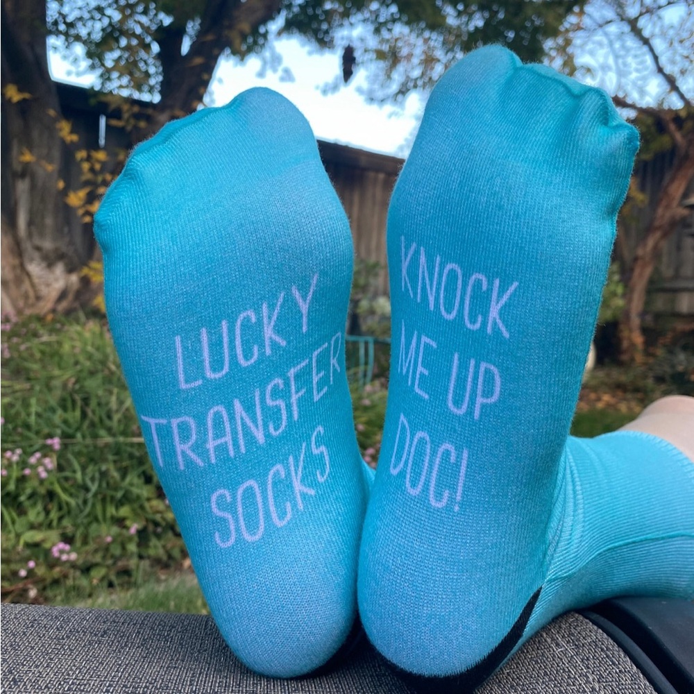 Fun IVF socks: Lucky Transfer Socks; Knock Me Up Doc; IVF Gift